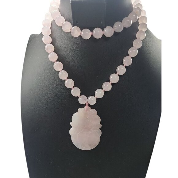 Chinese Rose Quartz Hand Knotted Mala Lotus Design Necklace 28" Vintage - Picture 4 of 16